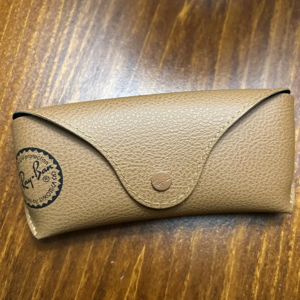 Ray-Ban Tan Leather Eyeglass Case w/ Black Emblem & Snap Close w/Cleaning Cloth